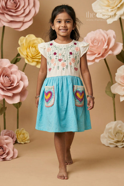 The Nesavu Girls Cotton Frock Girls Cotton Frock for Playful Outings and Casual Celebrations Nesavu 16 (1Y) / Blue / Cotton GFC2151B-16 Nesavu Girls Cotton Embroidered Frock With Floral Design For Playful Outings And Birthdays