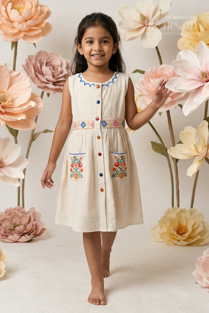 The Nesavu Girls Cotton Frock Girls Cotton Frock for Summer Outings and Everyday Comfort Nesavu 20 (3Y) / Half white / Muslin Cotton GFC2148A-20 Nesavu Girls Muslin Cotton Embroidered Frock For Summer Outings And Casual Wear