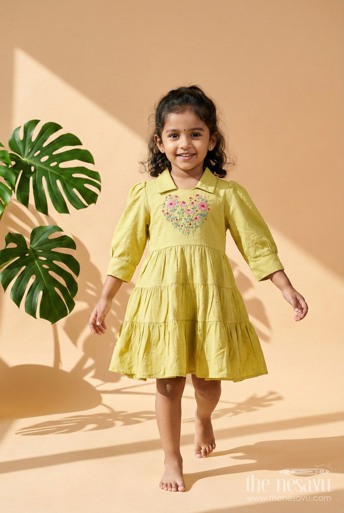 The Nesavu Girls Cotton Frock Girls Cotton Frock for Traditional Functions and Festive Wear Nesavu 20 (3Y) / Green GFC1907A-20 Nesavu girls cotton blend frock with thread embroidery for festive wear and traditional gatherings