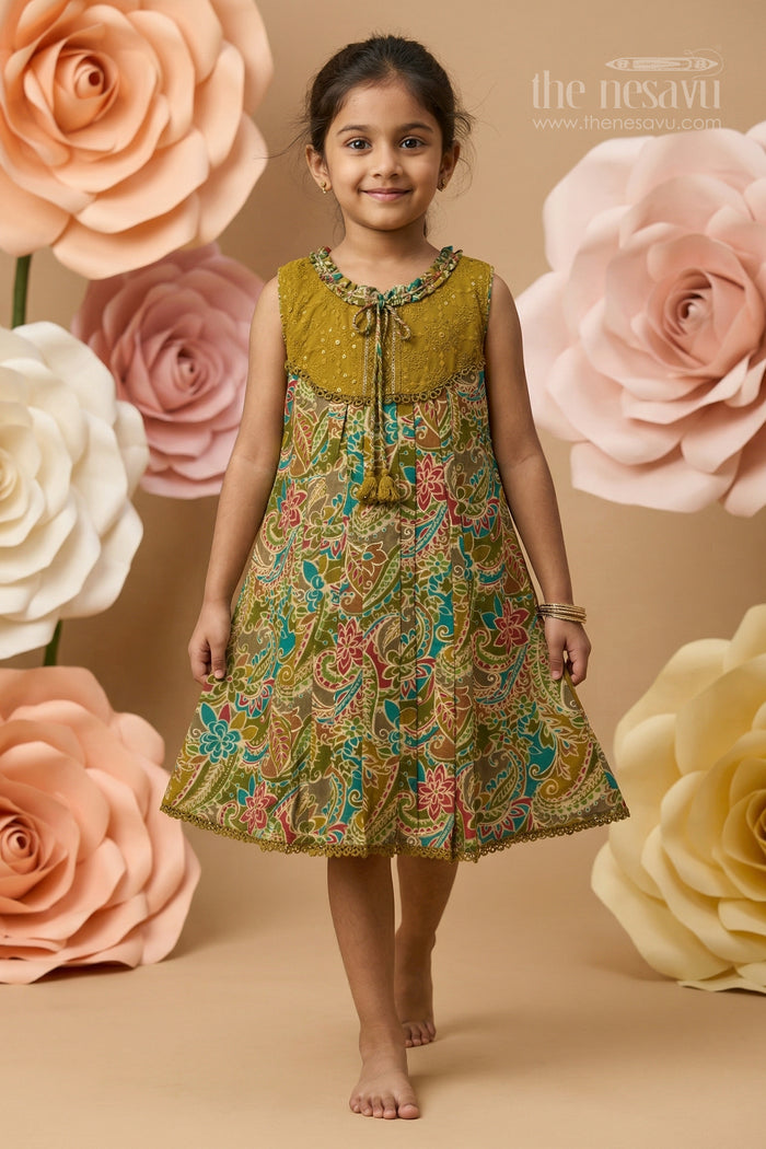 The Nesavu Girls Cotton Frock Girls Cotton Frock with Digital Print for Casual and Summer Wear Nesavu 22 (4Y) / Green / Cotton GFC2166A-22 Nesavu girls cotton frock with digital print for summer casual wear