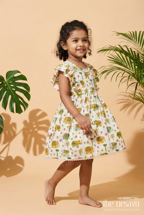 The Nesavu Girls Cotton Frock Girls Cotton Frock with Elephant Print for Zoo Visits and Playful Days Nesavu 16 (1Y) / Multicolor GFC2053A-16 Nesavu cotton frock for girls with multicolor elephant print and flutter sleeves – ideal for playful days