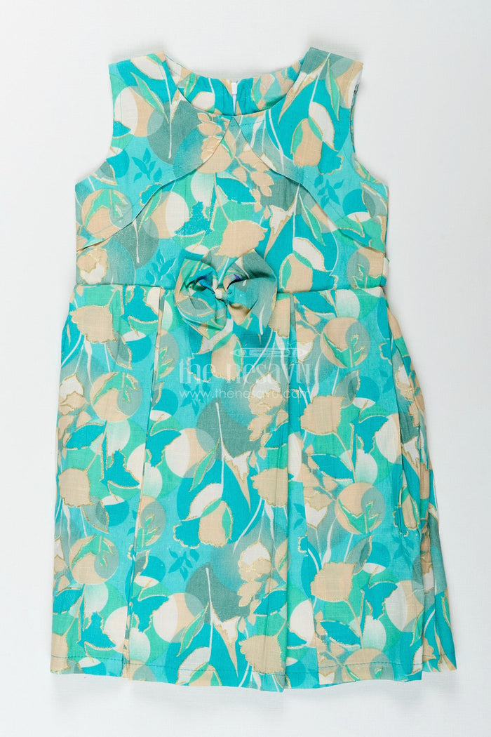 The Nesavu Girls Cotton Frock Girls cotton frock with floral digital print in sleeveless design Nesavu 18 (2Y) / Blue GFC1957B-18 Nesavu girls sleeveless cotton frock with pastel floral digital print and bow detail