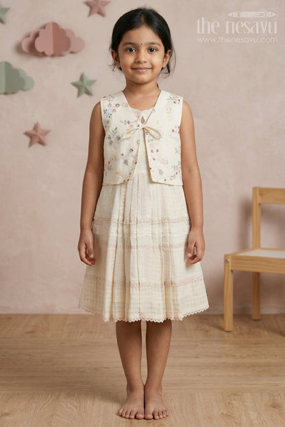 The Nesavu Girls Cotton Frock Girls Cotton Frock with Jacket for Festive Wear and Outings Nesavu 22 (4Y) / Cream / Cotton GFC2245A-22 Nesavu Girls Cotton Frock With Embroidered Jacket For Festive Wear And Casual Outings