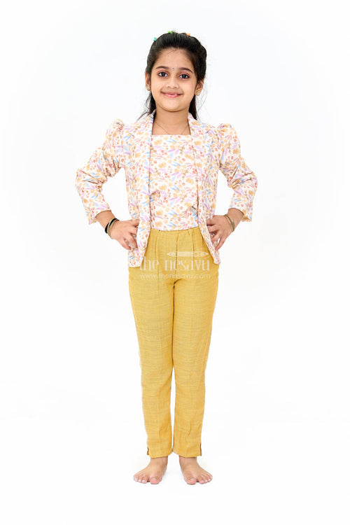 The Nesavu Girls Sharara / Plazo Set Girls Cotton Sharara Set with Festive Floral Blazer and Coordinated Pants for Parties Nesavu 18 (2Y) / Multicolor GPS471B-18 Nesavu Girls Cotton Sharara Set Floral Blazer Tailored Pants Parties