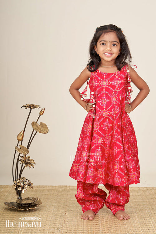 The Nesavu Girls Sharara / Plazo Set Girls cotton sharara set with digital print for festive occasions Nesavu Nesavu girls red cotton sharara set with digital print for festive and ethnic functions