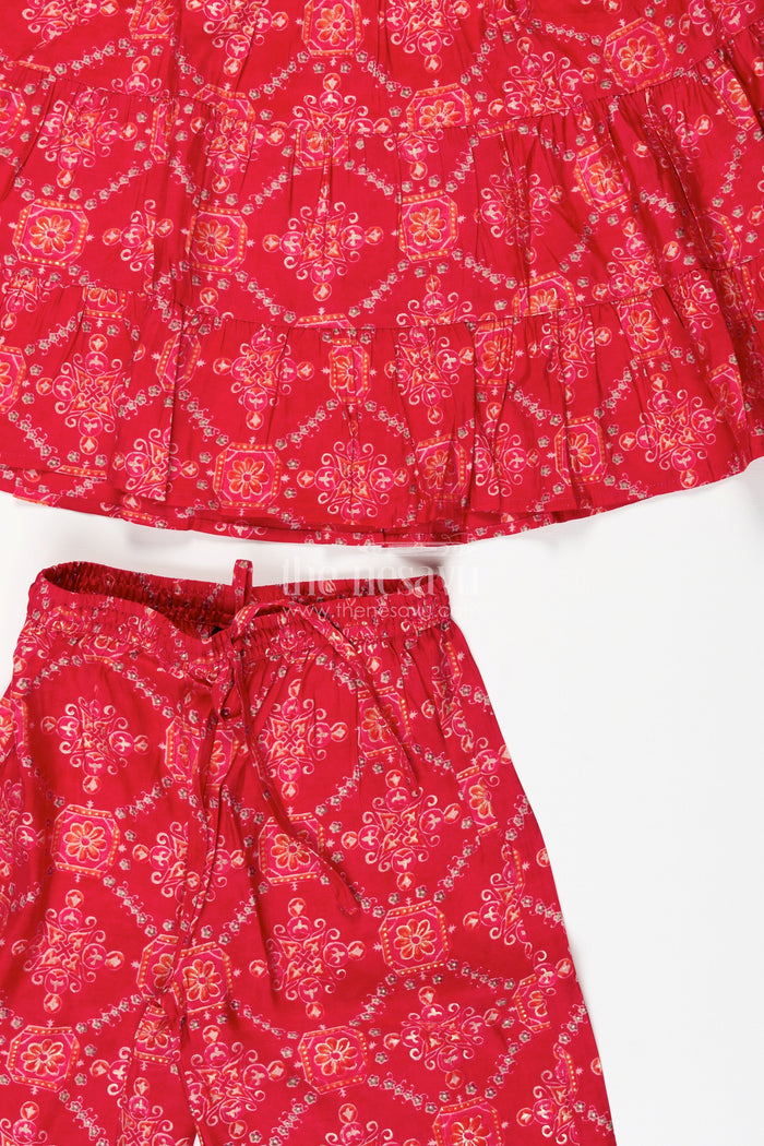The Nesavu Girls Sharara / Plazo Set Girls Cotton Sharara Set with Digital Print for Festive Occasions Nesavu Nesavu girls red cotton sharara set with digital print for festive and ethnic functions
