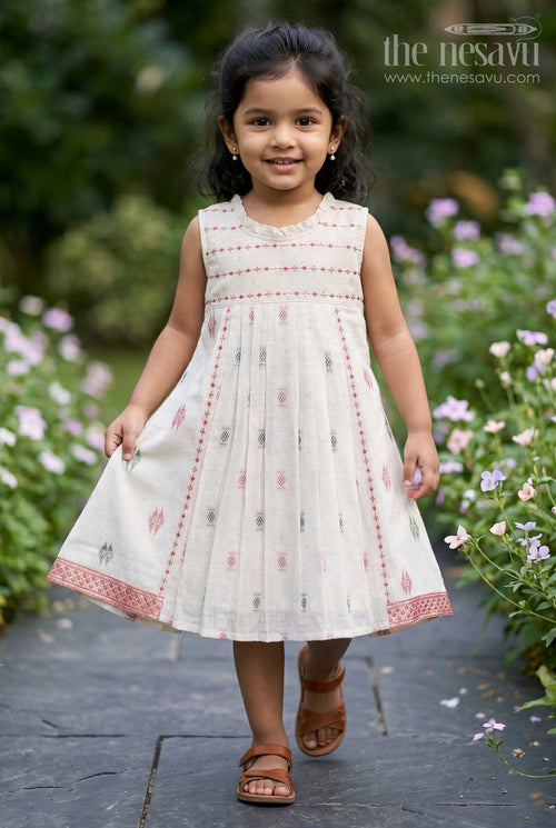 The Nesavu Girls Cotton Frock Girls Cotton Type Frock for Daily Wear and Casual Outings Nesavu 22 (4Y) / Cream / Cotton GFC2244A-22 Nesavu Girls Cotton Frock With Thread Embroidery For Daily Wear Sleeveless Comfortable Outfit