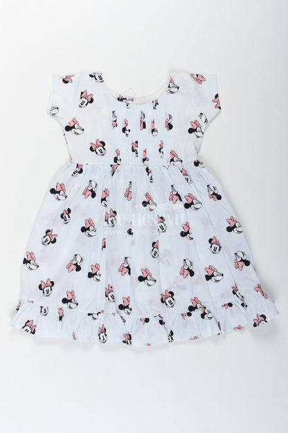 The Nesavu Girls Cotton Frock Girls Cotton White Frock for Eid with Minnie Mouse Digital Print and Ruffled Hem for a Festive Fun Look Nesavu 18 (2Y) / Half white GFC1665A-18 Nesavu Girls White Frock Eid Soft Cotton Minnie Mouse Digital Print Frill Hem Design
