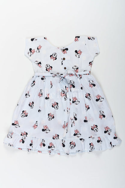 The Nesavu Girls Cotton Frock Girls Cotton White Frock for Eid with Minnie Mouse Digital Print and Ruffled Hem for a Festive Fun Look Nesavu Girls White Frock Eid Soft Cotton Minnie Mouse Digital Print Frill Hem Design | The Nesavu