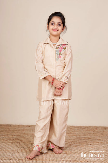 The Nesavu Girls Co-Ord Sets Girls Designer Embroidered Sharara Set for Weddings and Festive Evenings Nesavu 24 (5Y) / Beige GPS862A-24 Nesavu girls embroidered georgette sharara set weddings festive family occasions