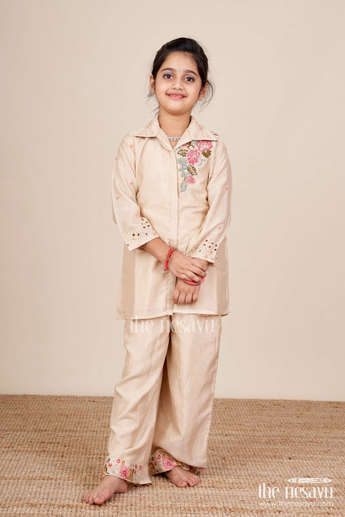 The Nesavu Girls Co-Ord Sets Girls Designer Embroidered Sharara Set for Weddings and Festive Evenings Nesavu 24 (5Y) / Beige GPS862A-24 Nesavu girls embroidered georgette sharara set weddings festive family occasions