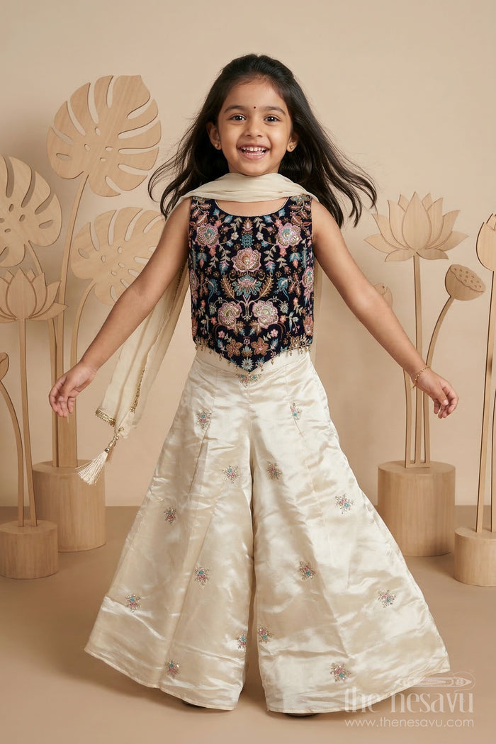 The Nesavu Girls Sharara / Plazo Set Girls Designer Sharara Set for Weddings and Festive Occasions Nesavu 24 (5Y) / Blue / Viscose Silk GPS986A-24 Nesavu girls viscose silk sharara set with velvet designer embroidery for weddings and celebrations