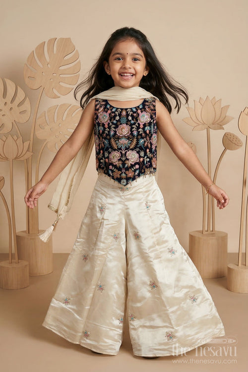 The Nesavu Girls Sharara / Plazo Set Girls Designer Sharara Set for Weddings and Festive Occasions Nesavu 24 (5Y) / Blue / Viscose Silk GPS986A-24 Nesavu girls viscose silk sharara set with velvet designer embroidery for weddings and celebrations