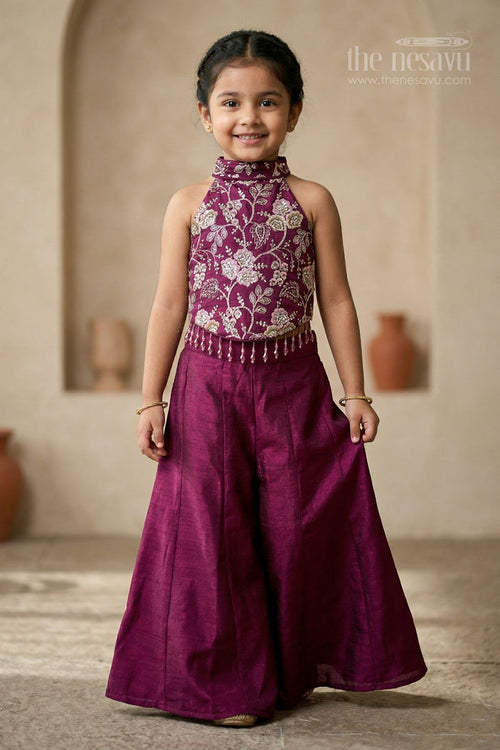 The Nesavu Girls Sharara / Plazo Set Girls Designer Sharara Set with Embroidered Top for Festive Wear Nesavu 18 (2Y) / Purple / Viscose GPS1021B-18 Nesavu girls designer viscose blend silk sharara set with embroidered top for festive wear