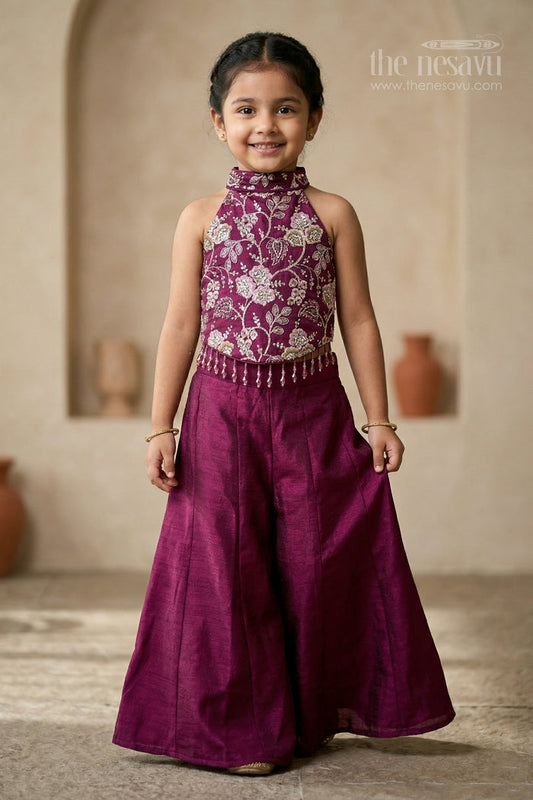 The Nesavu Girls Sharara / Plazo Set Girls Designer Sharara Set with Embroidered Top for Festive Wear Nesavu 18 (2Y) / Purple / Viscose GPS1021B-18 Nesavu girls designer viscose blend silk sharara set with embroidered top for festive wear