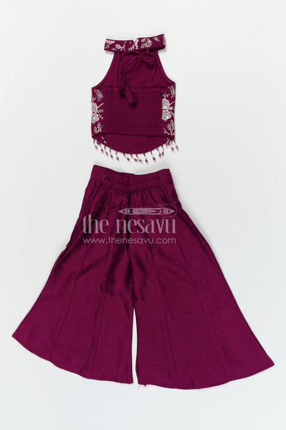 The Nesavu Girls Sharara / Plazo Set Girls Designer Sharara Set with Embroidered Top for Festive Wear Nesavu Nesavu girls designer viscose blend silk sharara set with embroidered top for festive wear
