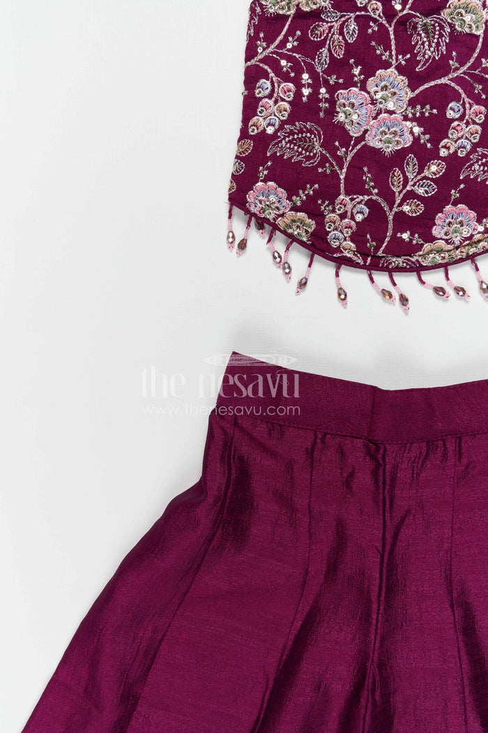 The Nesavu Girls Sharara / Plazo Set Girls Designer Sharara Set with Embroidered Top for Festive Wear Nesavu Nesavu girls designer viscose blend silk sharara set with embroidered top for festive wear