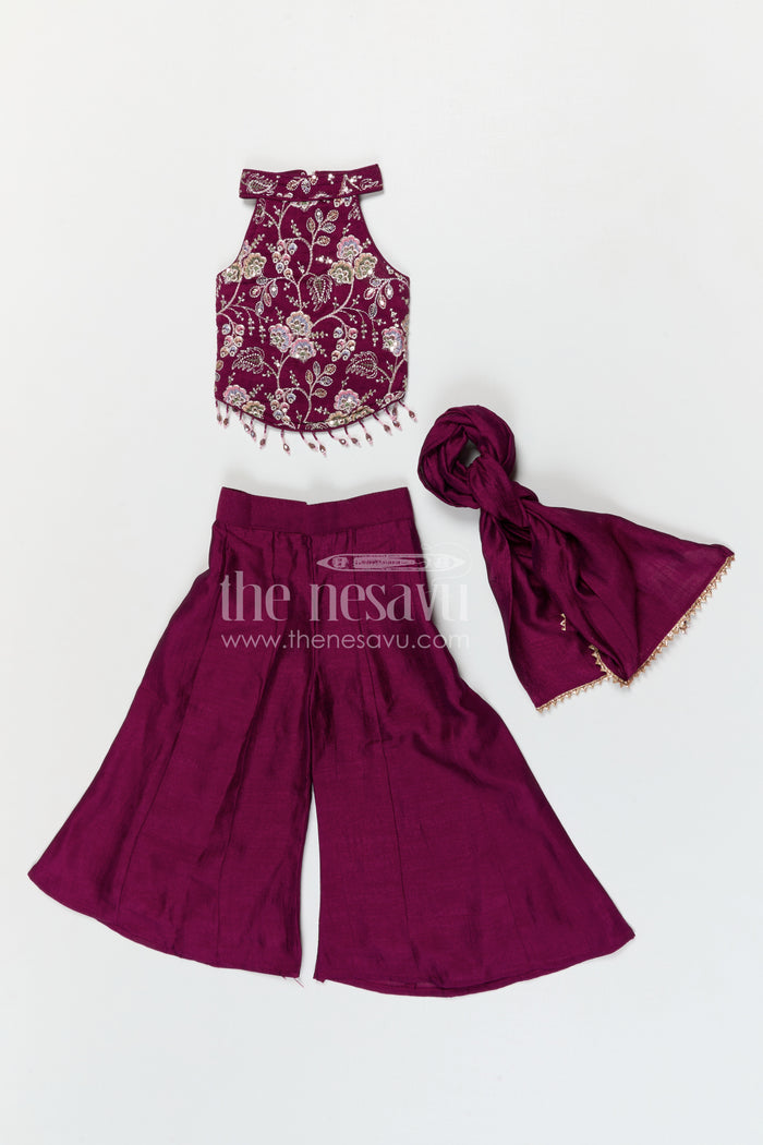 The Nesavu Girls Sharara / Plazo Set Girls Designer Sharara Set with Embroidered Top for Festive Wear Nesavu Nesavu girls designer viscose blend silk sharara set with embroidered top for festive wear