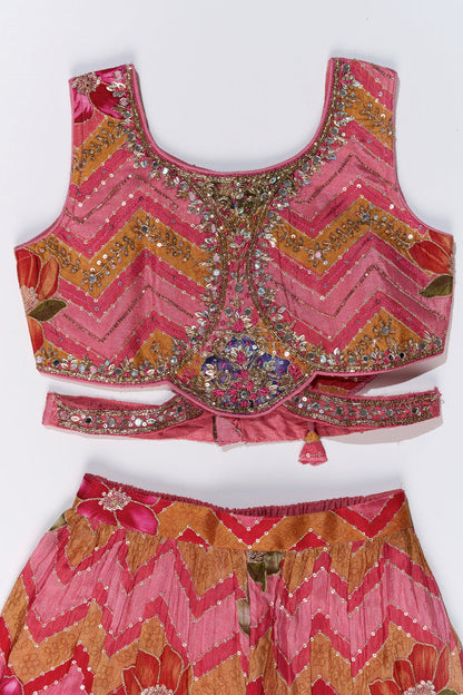The Nesavu Girls Sharara / Plazo Set Girls Designer Sharara Sets with Floral Embroidery and Chevron Print in Pink Nesavu Nesavu Girls Designer Sharara Sets Floral Embroidery Chevron Print