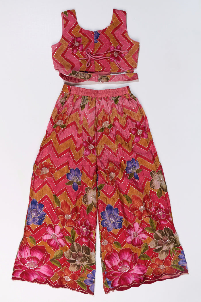 The Nesavu Girls Sharara / Plazo Set Girls Designer Sharara Sets with Floral Embroidery and Chevron Print in Pink Nesavu Nesavu Girls Designer Sharara Sets Floral Embroidery Chevron Print