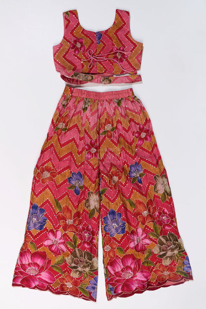The Nesavu Girls Sharara / Plazo Set Girls Designer Sharara Sets with Floral Embroidery and Chevron Print in Pink Nesavu Nesavu Girls Designer Sharara Sets Floral Embroidery Chevron Print