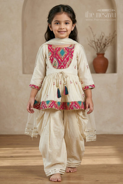 The Nesavu Girls Dothi Sets Girls Dhoti Set for Festive Celebrations and Cultural Type Events Nesavu 16 (1Y) / Half white / Viscose Silk GPS1008A-16 Nesavu girls viscose silk dhoti set with embroidered yoke for festive celebrations and cultural events