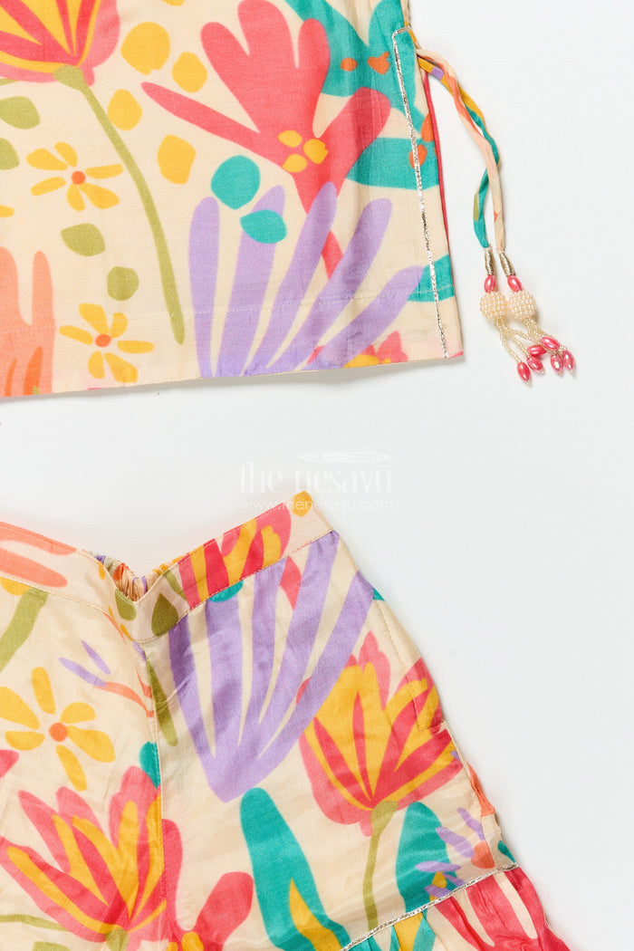 The Nesavu Girls Sharara / Plazo Set Girls Digital Floral Printed Sharara Suit In Viscose Muslin Silk Nesavu Nesavu girls floral printed muslin sharara set  festive ethnic outfit