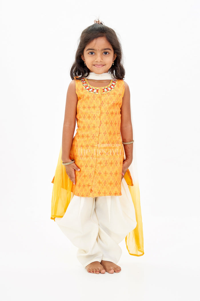 The Nesavu Girls Sharara / Plazo Set Girls Plazo and Top Set with Mirror Work Neckline and Ombre Dupatta in Yellow and Cream Nesavu Nesavu Girls Plazo Top Set Mirror Work Neckline Ombre Dupatta