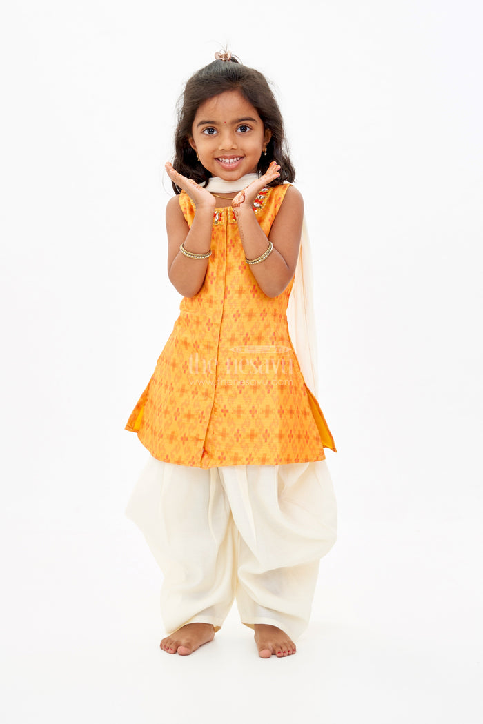 The Nesavu Girls Dothi Sets Girls Dothi and Top Set with Mirror Work Neckline and Ombre Dupatta in Yellow and Cream Nesavu 16 (1Y) / Yellow GPS500A-16 Girls Dothi Top Set Mirror Work Neckline Ombre Dupatta | The Nesavu