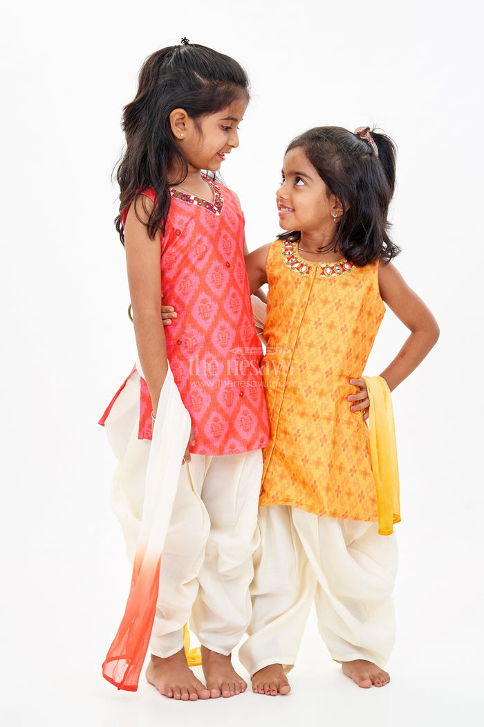 The Nesavu Girls Dothi Sets Girls Dothi and Top Set with Mirror Work Neckline and Ombre Dupatta in Yellow and Cream Nesavu Girls Dothi Top Set Mirror Work Neckline Ombre Dupatta | The Nesavu