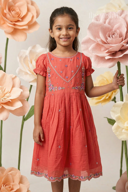 The Nesavu Girls Chanderi Frock Girls Embroidered Chanderi Frock for Festive Occasions and Wedding Events Nesavu 18 (2Y) / Red / Chanderi GFC2153B-18 Nesavu Girls Chanderi Cotton Embroidered Frock For Weddings Festive Occasions And Family Events