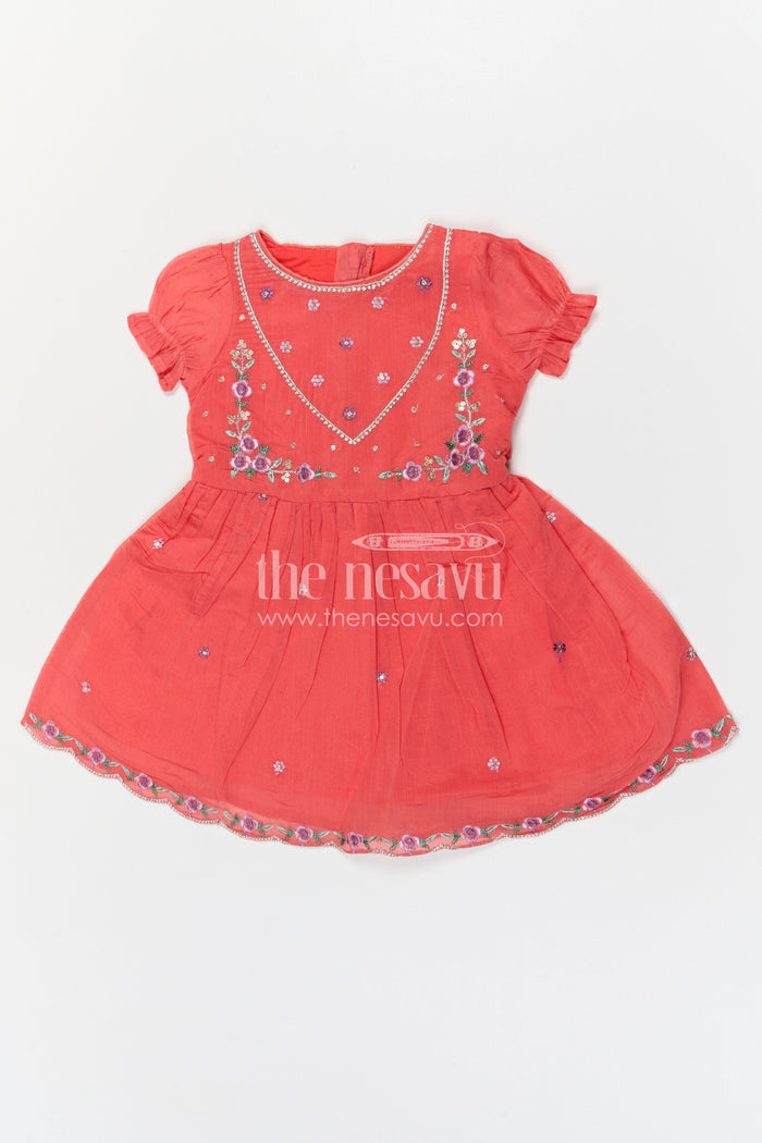 The Nesavu Girls Chanderi Frock Girls Embroidered Chanderi Frock for Festive Occasions and Wedding Events Nesavu Nesavu Girls Chanderi Cotton Embroidered Frock For Weddings Festive Occasions And Family Events