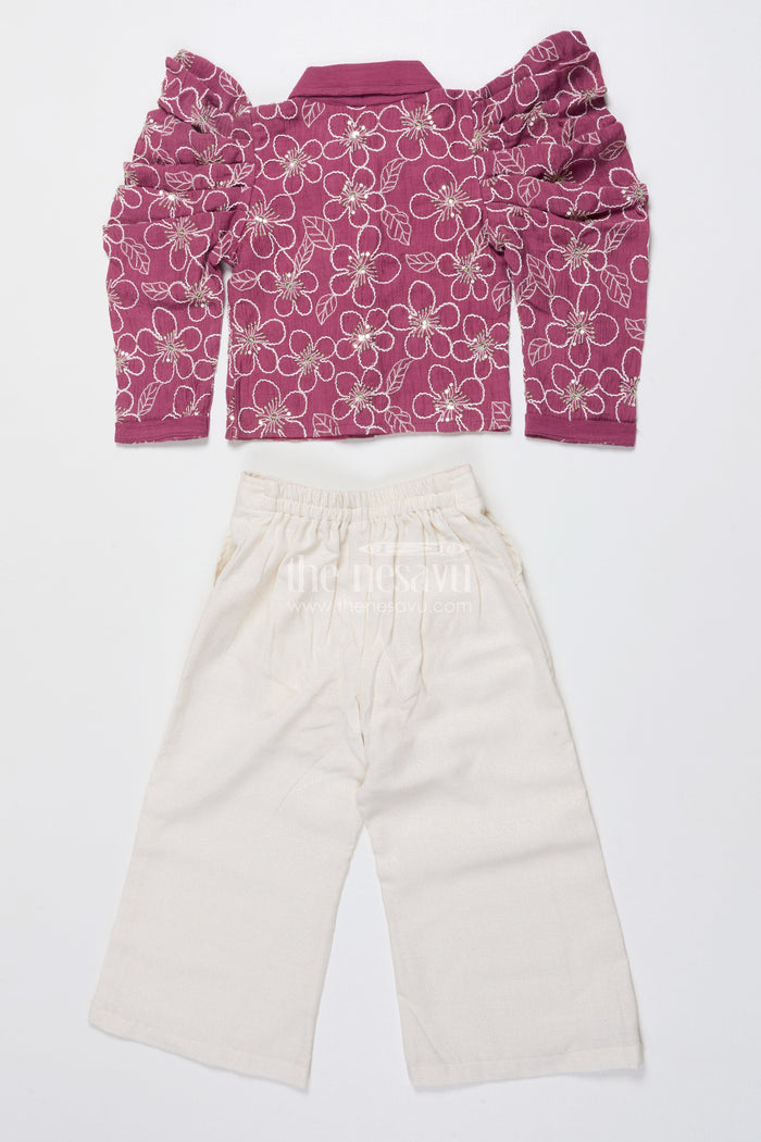 The Nesavu Girls Co-Ord Sets Girls Embroidered Co-Ord Set for Birthdays and Festive Events Nesavu Nesavu girls embroidered co-ord set puff sleeve top wide-leg pants festive birthdays