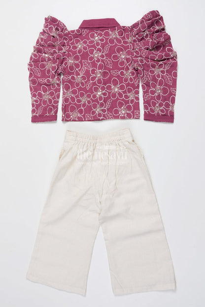 The Nesavu Girls Co-Ord Sets Girls Embroidered Co-Ord Set for Birthdays and Festive Events Nesavu Nesavu girls embroidered co-ord set puff sleeve top wide-leg pants festive birthdays