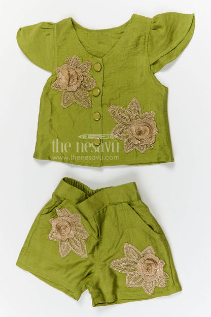 The Nesavu Girls Co-Ord Sets Girls Embroidered Co Ord Set for Casual Outings and Summer Playtime Nesavu 18 (2Y) / Green / Cotton GCS031A-18 Nesavu girls cotton blend embroidered co ord set for summer playtime and casual outings