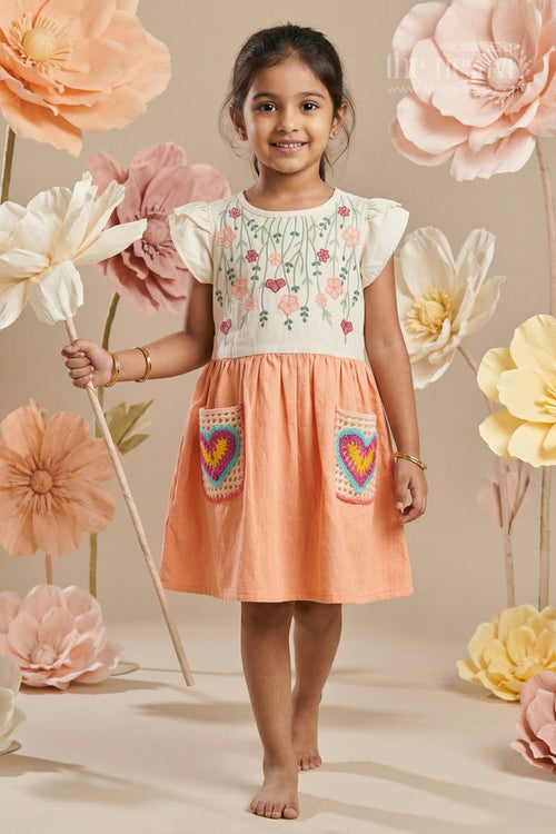 The Nesavu Girls Cotton Frock Girls Embroidered Cotton Frock for Festive Outings and Casual Celebrations Nesavu 16 (1Y) / Orange / Cotton GFC2151A-16 Nesavu Girls Cotton Embroidered Frock With Floral Design For Festive Outings And Birthdays