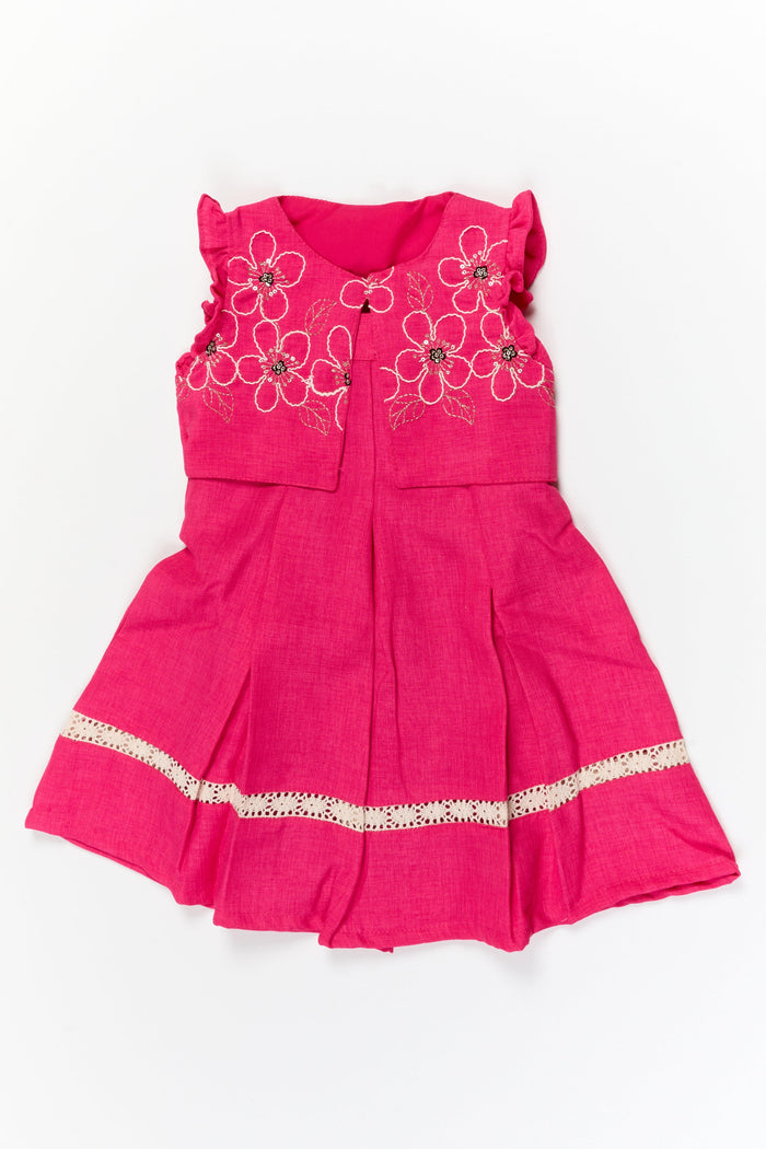The Nesavu Girls Cotton Frock Girls Embroidered Cotton Frock with Shrug for Special Occasions Nesavu 20 (3Y) / Pink / Cotton GFC2105B-20 Nesavu girls cotton frock with floral shrug and thread embroidery for weddings and special functions