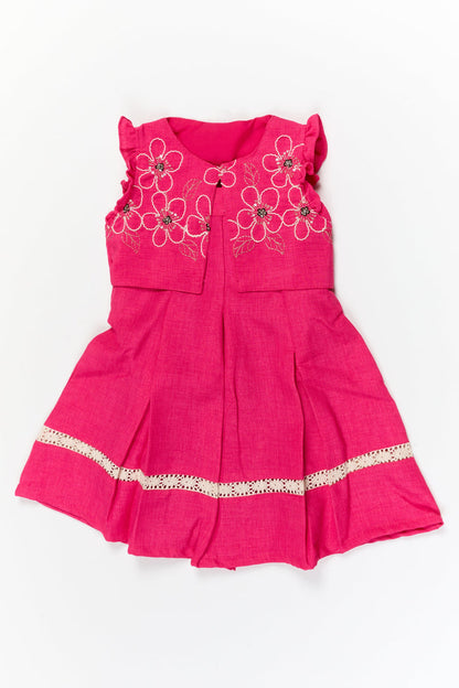 The Nesavu Girls Cotton Frock Girls Embroidered Cotton Frock with Shrug for Special Occasions Nesavu 20 (3Y) / Pink / Cotton GFC2105B-20 Nesavu girls cotton frock with floral shrug and thread embroidery for weddings and special functions