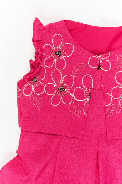 The Nesavu Girls Cotton Frock Girls Embroidered Cotton Frock with Shrug for Special Occasions Nesavu Nesavu girls cotton frock with floral shrug and thread embroidery for weddings and special functions