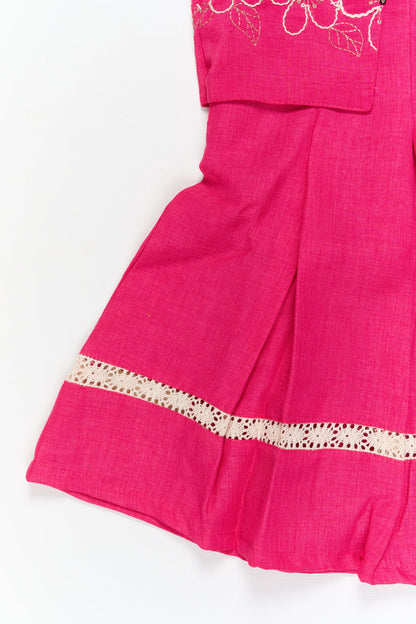 The Nesavu Girls Cotton Frock Girls Embroidered Cotton Frock with Shrug for Special Occasions Nesavu Nesavu girls cotton frock with floral shrug and thread embroidery for weddings and special functions