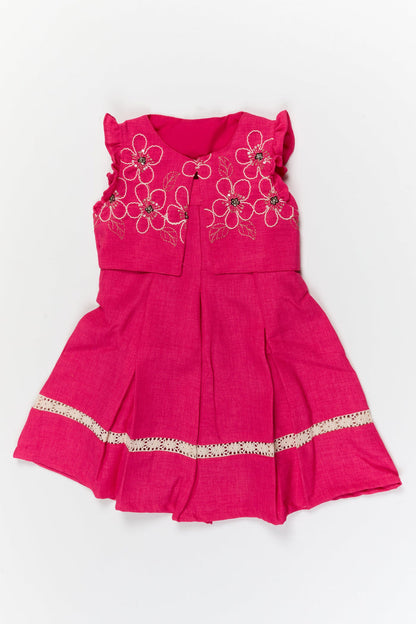 The Nesavu Girls Cotton Frock Girls Embroidered Cotton Frock with Shrug for Special Occasions Nesavu Nesavu girls cotton frock with floral shrug and thread embroidery for weddings and special functions