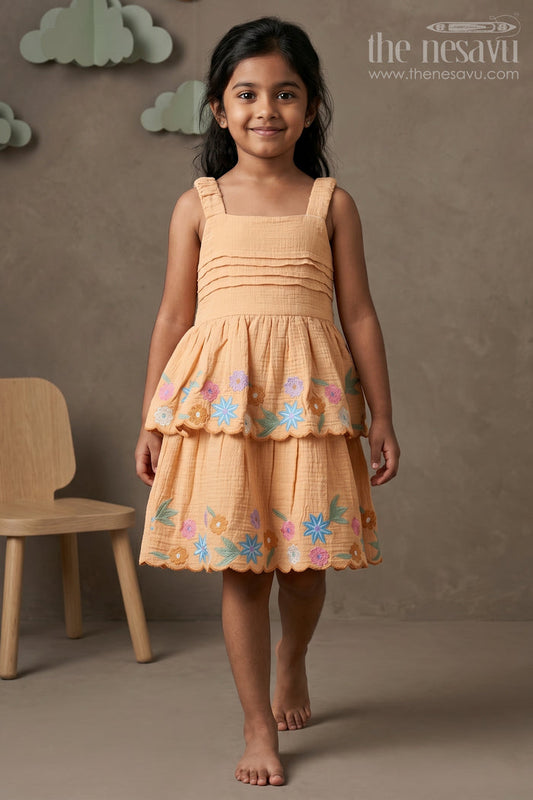 The Nesavu Girls Cotton Frock Girls Embroidered Frock for Festive Birthdays and Family Outings Nesavu 20 (3Y) / Gold / Muslin Cotton GFC2268A-20 Nesavu Girls Muslin Cotton Frock With Thread Embroidery For Birthdays And Festive Outings
