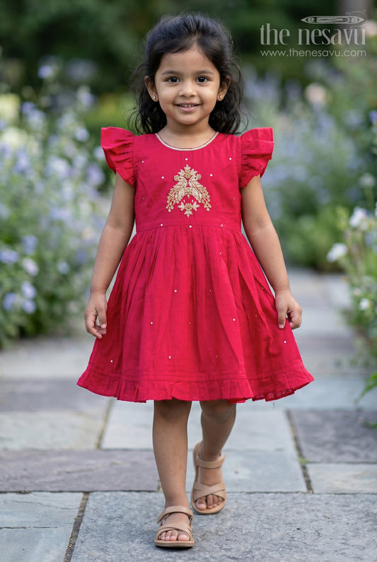 The Nesavu Girls Chanderi Frock Girls Embroidered Frock for Festive Outings and Family Functions Nesavu 16 (1Y) / Red / Chanderi GFC2191B-16 Nesavu Girls Chanderi Frock With Peacock Embroidery For Festive Outings And Celebrations