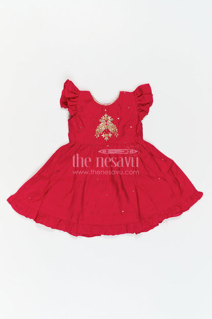The Nesavu Girls Chanderi Frock Girls Embroidered Frock for Festive Outings and Family Functions Nesavu Nesavu Girls Chanderi Frock With Peacock Embroidery For Festive Outings And Celebrations