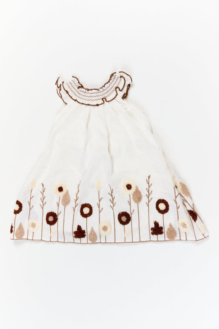 The Nesavu Girls Chanderi Frock Girls Embroidered Frock for Naming Ceremony and Milestone Events Nesavu 18 (2Y) / Half white / Chanderi GFC2109A-18 Nesavu half-white embroidered frock in viscose blend for naming ceremony and traditional functions