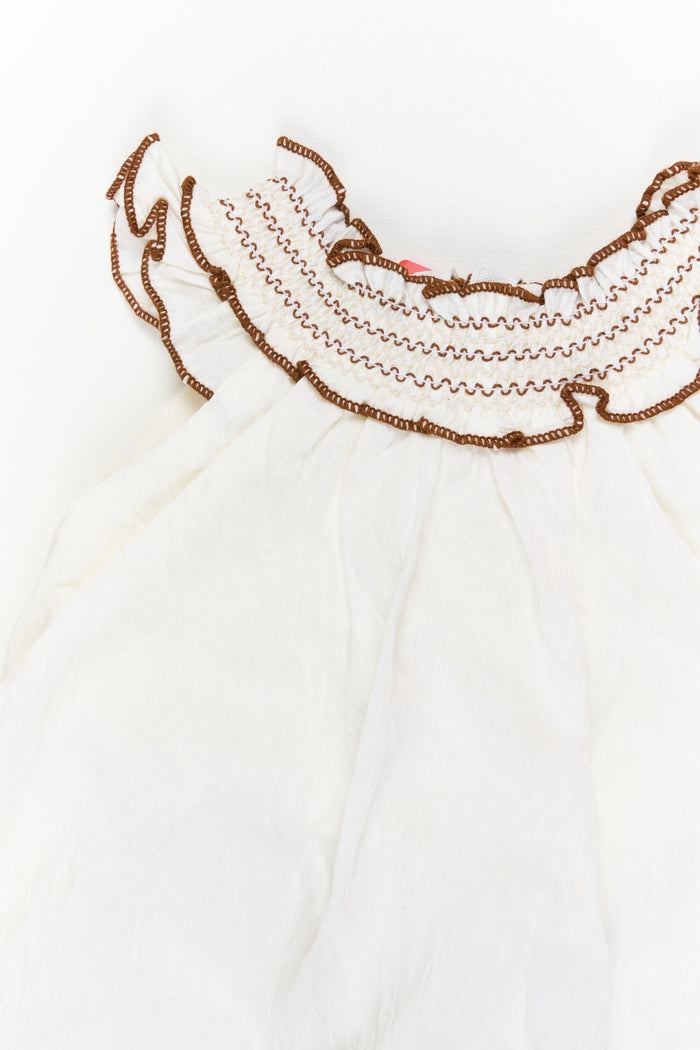 The Nesavu Girls Chanderi Frock Girls Embroidered Frock for Naming Ceremony and Milestone Events Nesavu Nesavu half-white embroidered frock in viscose blend for naming ceremony and traditional functions