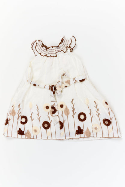 The Nesavu Girls Chanderi Frock Girls Embroidered Frock for Naming Ceremony and Milestone Events Nesavu Nesavu half-white embroidered frock in viscose blend for naming ceremony and traditional functions