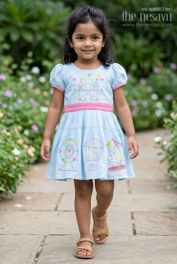 The Nesavu Girls Cotton Frock Girls Embroidered Frock for Outings and Family Celebrations Nesavu 20 (3Y) / Blue / Cotton Blend GFC2181B-20 Nesavu Girls Embroidered Cotton Blend Frock For Family Outings And Festive Occasions