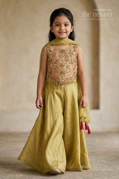 The Nesavu Girls Sharara / Plazo Set Girls Embroidered Sharara Set in Silk Blend for Festive and Wedding Wear Nesavu 24 (5Y) / Green / Viscose GPS1023A-24 Nesavu girls viscose blend silk sharara set with embroidered yoke for festive wear