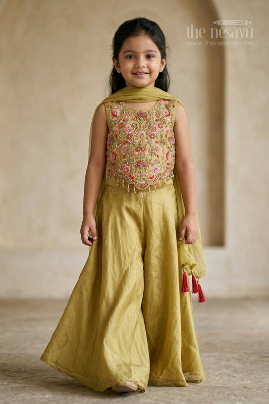 The Nesavu Girls Sharara / Plazo Set Girls Embroidered Sharara Set in Silk Blend for Festive and Wedding Wear Nesavu 24 (5Y) / Green / Viscose GPS1023A-24 Nesavu girls viscose blend silk sharara set with embroidered yoke for festive wear